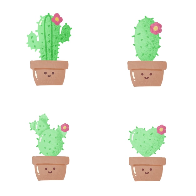 Vector set of cactus kawaii stiker hand drawn
