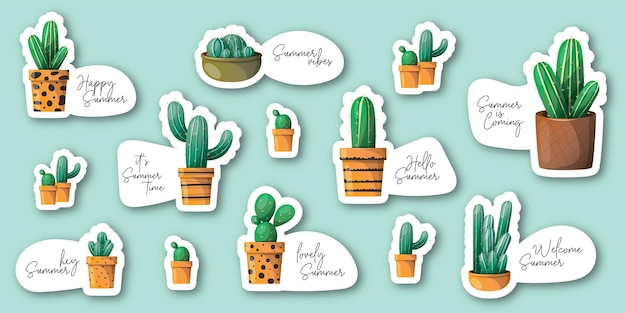 Vector set cactus sticker met motivatie