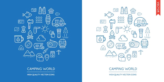 Vector Set of Camping Modern Flat Thin Icons Inscribed in Round Shape