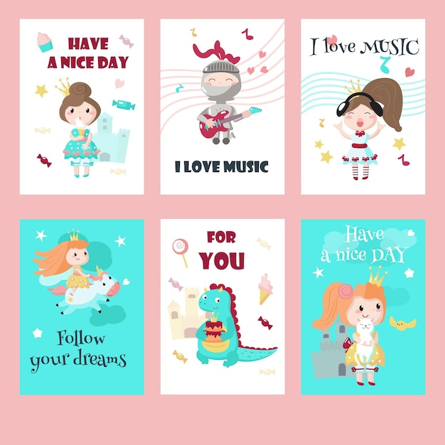 Vector set of cards with medieval knight princess dragon and quotes