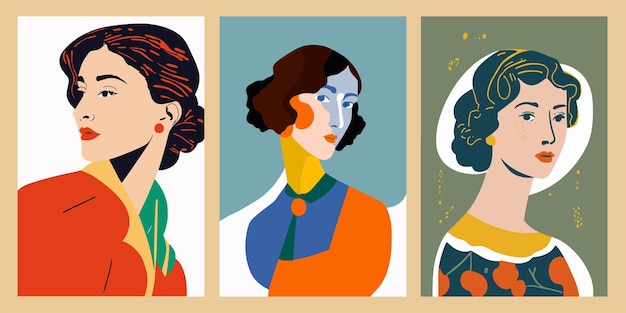 Vector set of cards with portraits of beautiful women in retro style