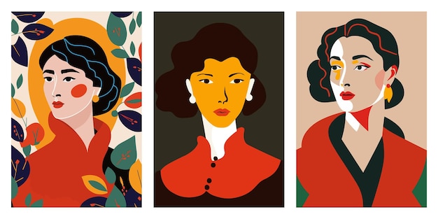 Векторный набор карточек с портретами красивых женщин в стиле ретро