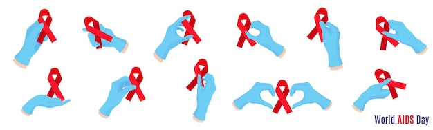 Vector set cartoon afbeelding met artsen handen in blauwe handschoenen met rode linten. medisch symbool van aids en hiv