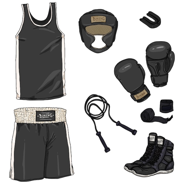 Vector Set of Cartoon Black Boxing Equipment Helmet Uniform Gloves Hand Wrapes Mouthpiece and Shoes