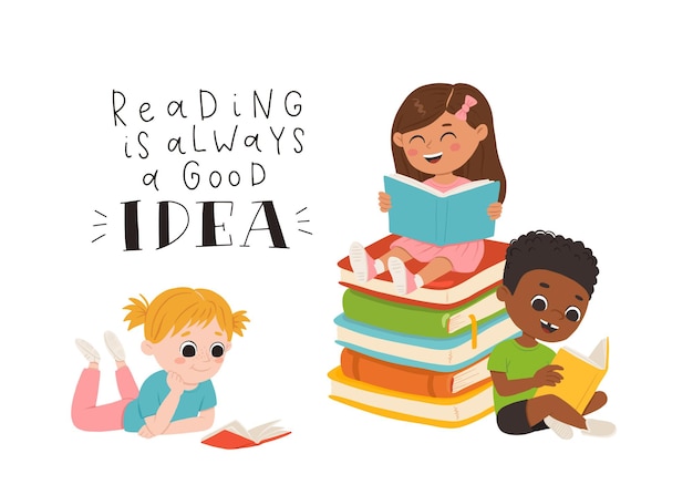 Vector set of cartoon children reading books Multiracial kids in different poses with book and phrase Reading is always a good idea