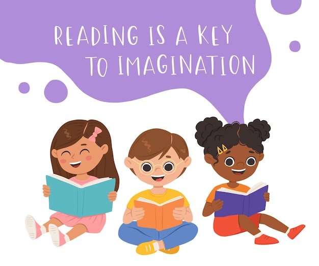 Vector set of cartoon children reading books Multiracial kids in different poses with book and phrase Reading is always a good idea