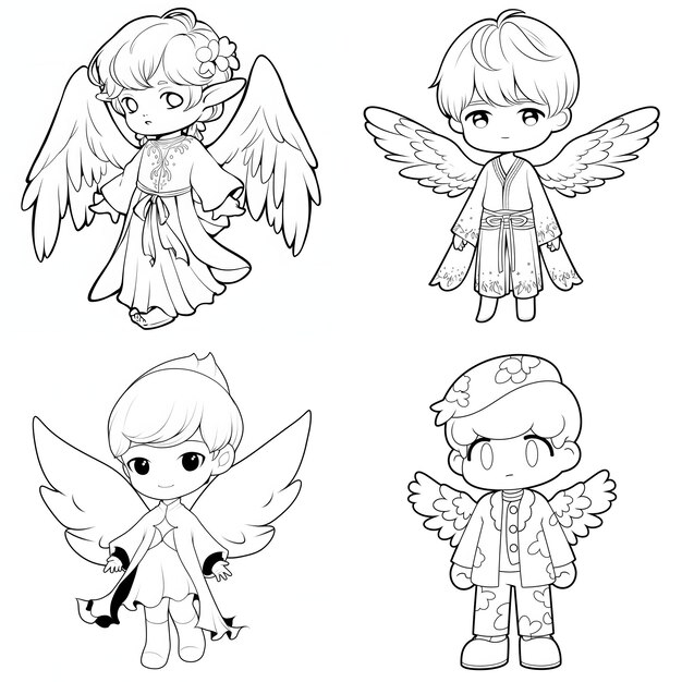 Vector set cartoon cute coloring page anime manga kawaii kids generative ai