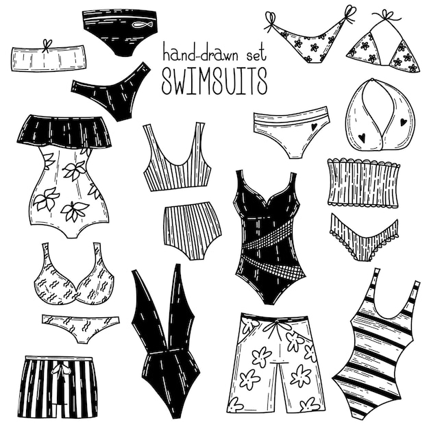 Vector set of cartoon doodle swimsuits and bikini underwear elements beach beauty brassiere elegant