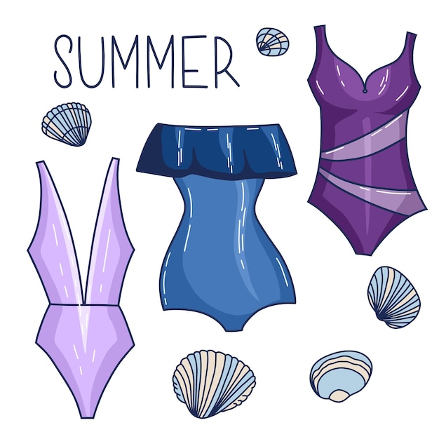 Vector set of cartoon doodle swimsuits and bikini underwear elements beach beauty brassiere elegant