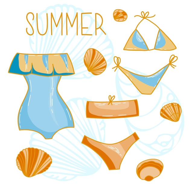 Vector set of cartoon doodle swimsuits and bikini underwear elements beach beauty brassiere elegant