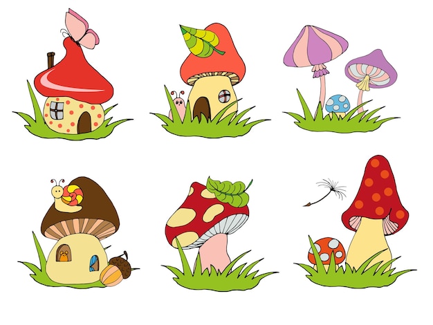 vector set of cartoon drawing cute mushroom stickers clipart