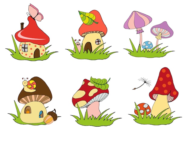 Vector set of cartoon drawing cute mushroom stickers clipart