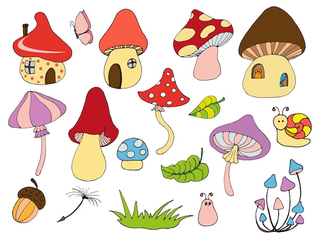 Vector set of cartoon drawing cute mushroom stickers clipart