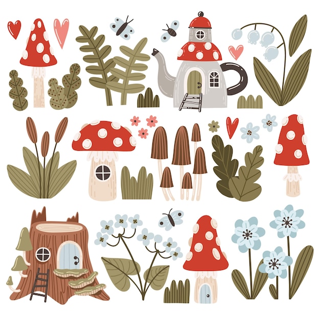 Vector set of cartoon forest illustrations Amanita house kettle house stump house flowers