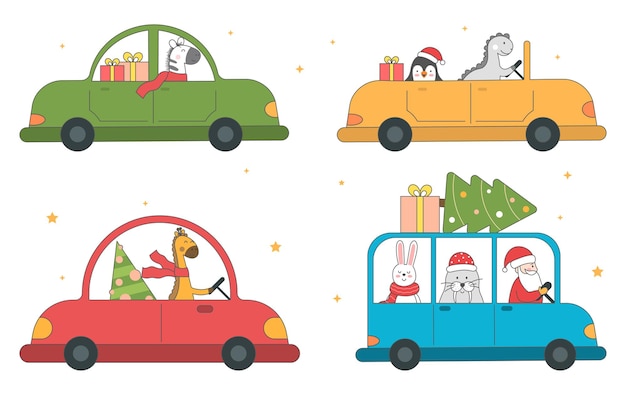 자동차 겨울 배경에 스카프와 선물이 있는 만화 재미있는 크리스마스 동물의 벡터 세트