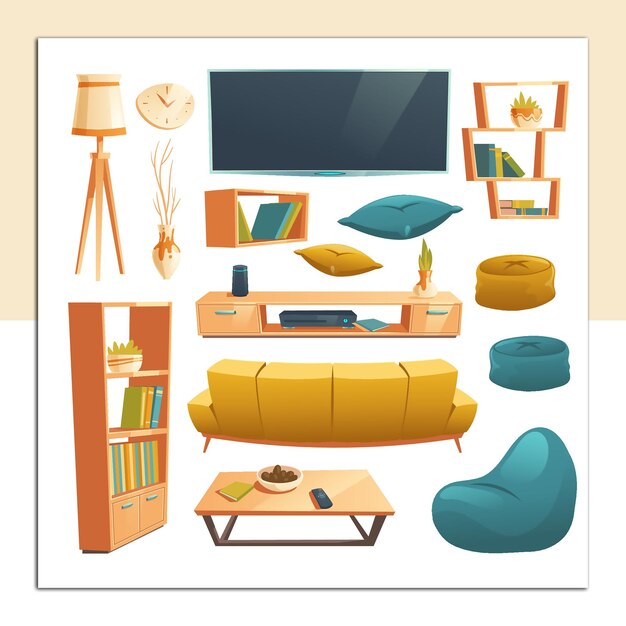 Vector vector set of cartoon furniture for living room