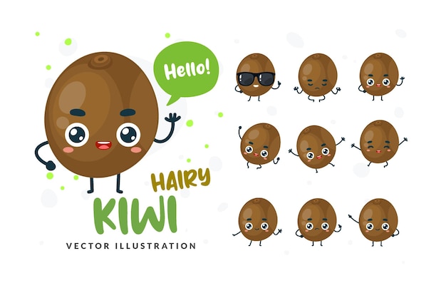 Vector set of cartoon kiwi fruit in different poses