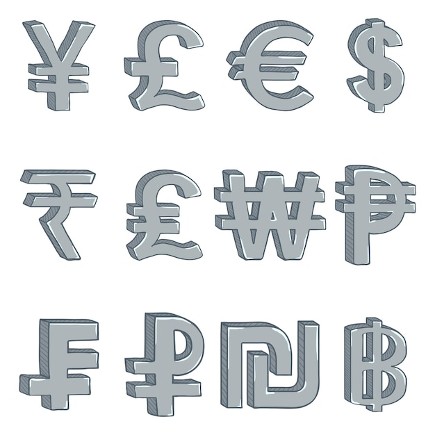 Vector vector set of cartoon silver currency symbols