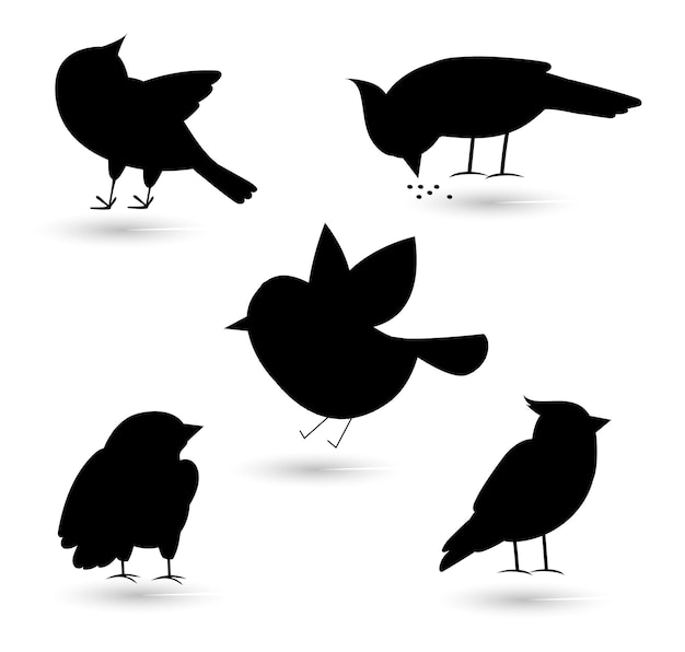 Vector set of cartoon style hand drawn flat funny birds silhouettes