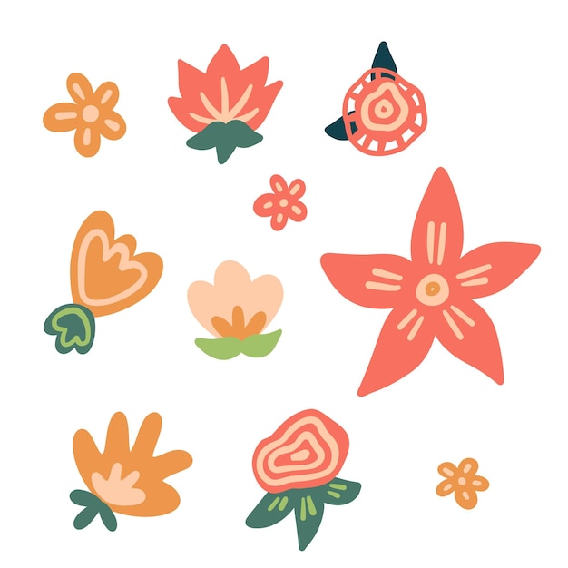 Vector set cartoon veelkleurige bloemen met bladeren geïsoleerd op een witte background