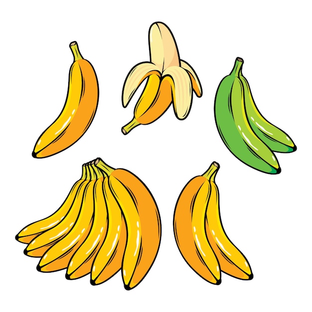 Vector set of cartoon yellow bananas overripe banana single banana peeled banana bunch