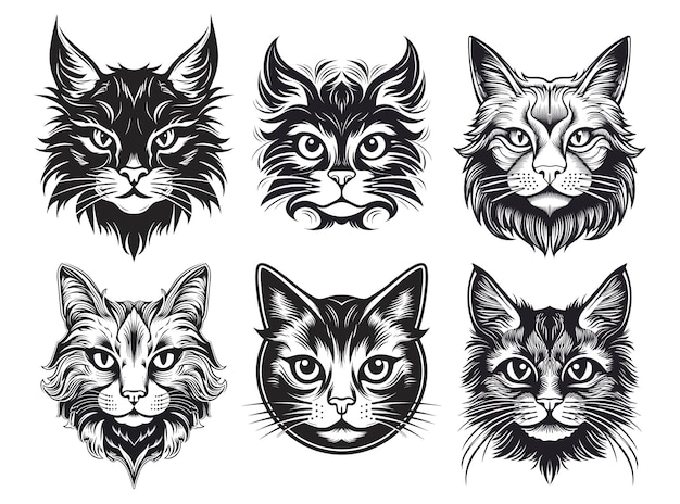 Vector set of cat portraits Cat face sketch style illustration isolated on white background