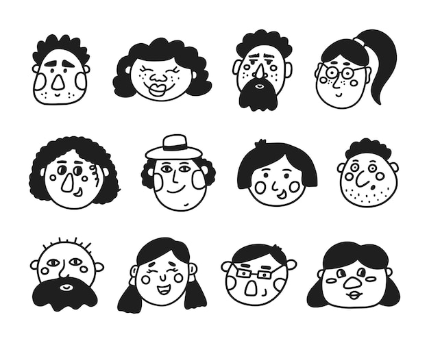 Vector set of characters faces in doodle style illustration on white background