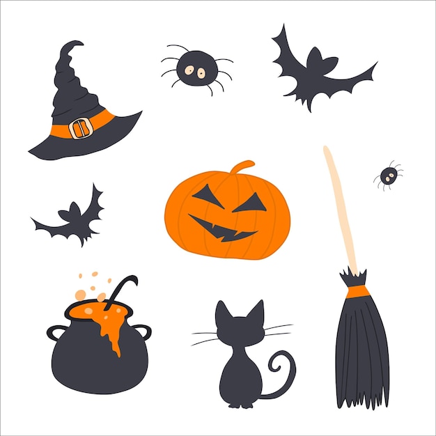 Vector set of characters and icons for Halloween in cartoon style Halloween objects hat pumpkin