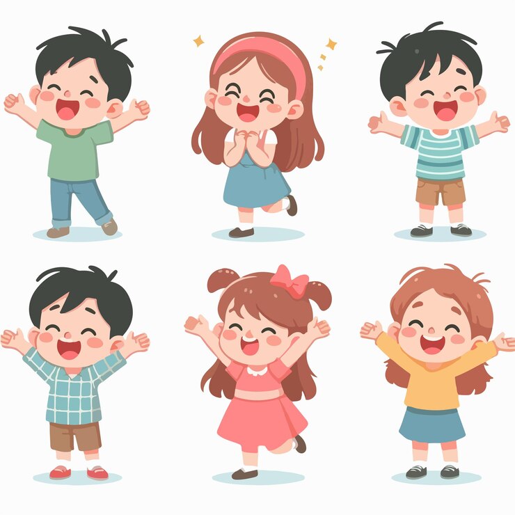 Vector 간단하고 미니멀한 평평한 디자인 스타일로 점프하는 즐거운 아이들의 터 세트