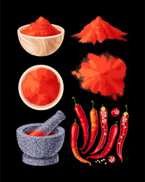 vector set of chili peppers and powder