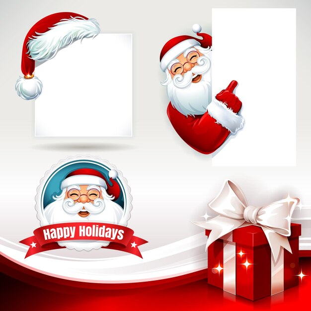 Vector vector set of christmas design elements with santa claus present and hat illustrations in retro style santa claus holding a blank sign copy space