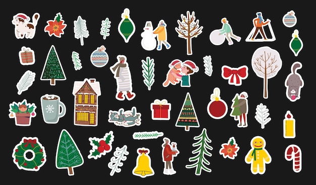 Vector set of christmas stickers Hand drawing winter background with fir tree Christmas ornaments stars and snowflakes Holiday poster with Christmas symbols