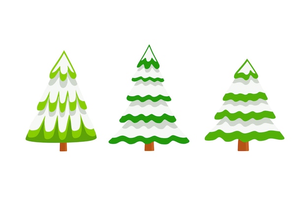 Insieme di vettore degli alberi di natale nella neve in stile cartone animato