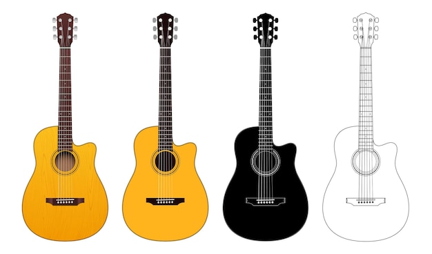 Vector set of classical guitars in realistic flat color black silhouette and outline versions