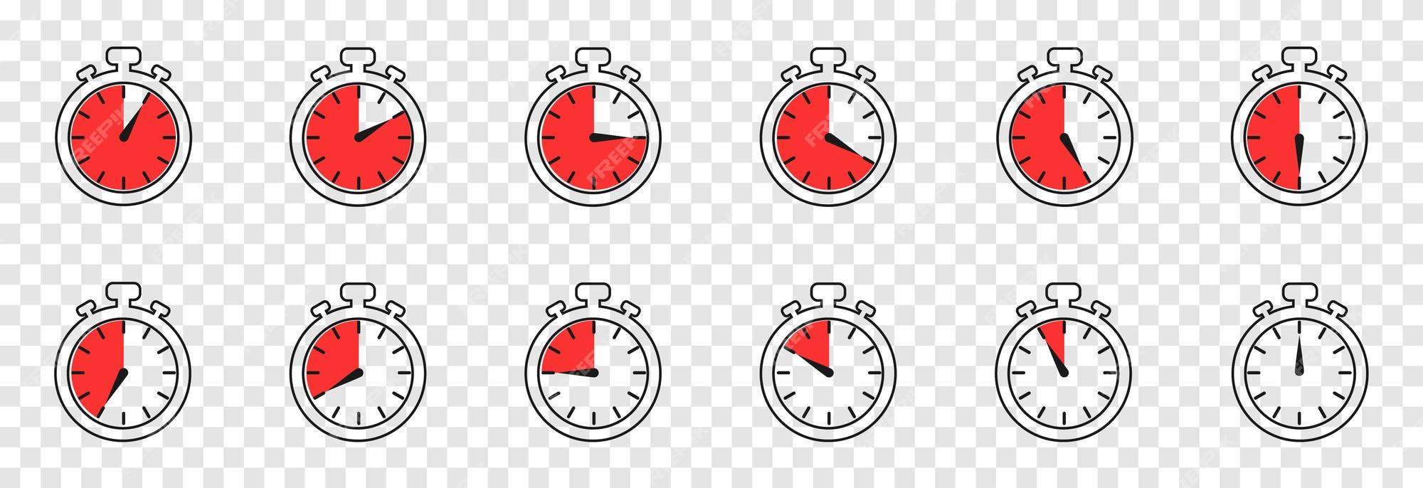 Vector set of clock, alarm clock, timer PNG. Timer, clock on an isolated  transparent background. Timer with different time indicator. Сlock icon  png. Stock Vector