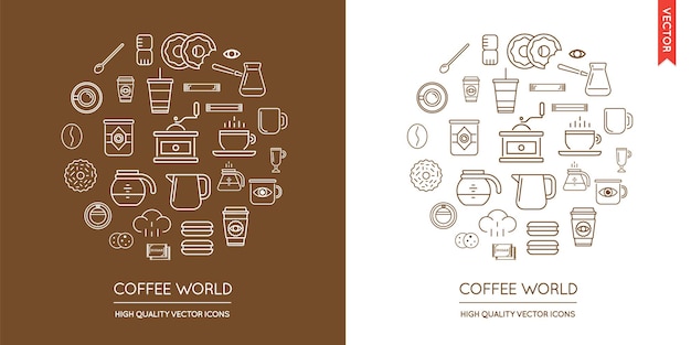 Векторный набор кофе современные плоские тонкие значки, вписанные в круглую форму