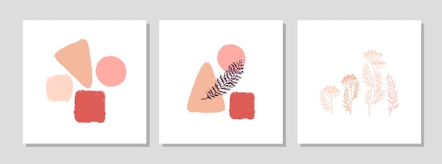 추상적인 모양과 식물의 삽화가 있는 콜라주 현대 포스터의 벡터 세트. 스칸디나비아 스타일. 포스터, 섬유 인쇄, 포장지, 연하장 템플릿, 소셜 미디어 게시물용