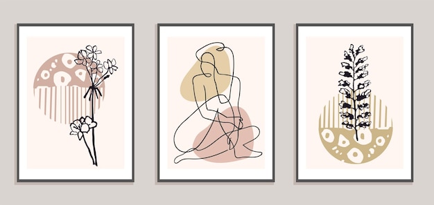 Vector set collage moderne poster met abstracte vormen en één regel illustraties van het lichaam van de vrouw. Voor posters, textieldruk, wenskaartsjabloon, post op sociale media, banner, uitnodiging, brochure