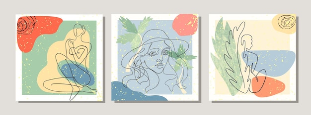 추상적인 모양의 이국적인 잎과 여성의 한 줄 삽화가 있는 콜라주의 벡터 세트