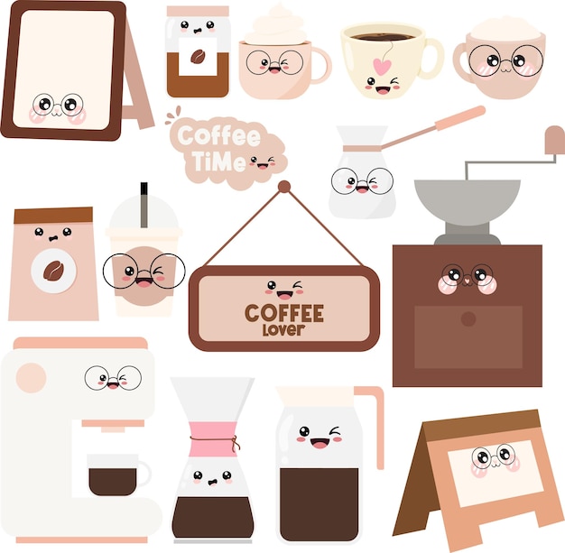 Vector set collection of cute kawaii coffee lover and coffee time elements