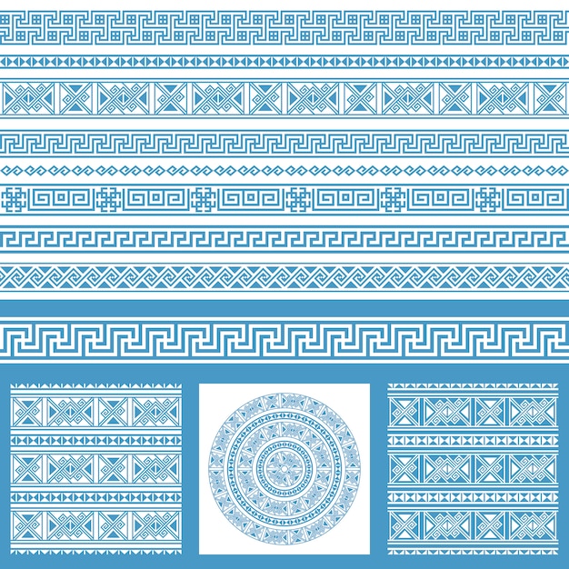Vector vector set collections of ethnic greece design elements. blue and white ornamental seamless patters and borders in one mega pack.