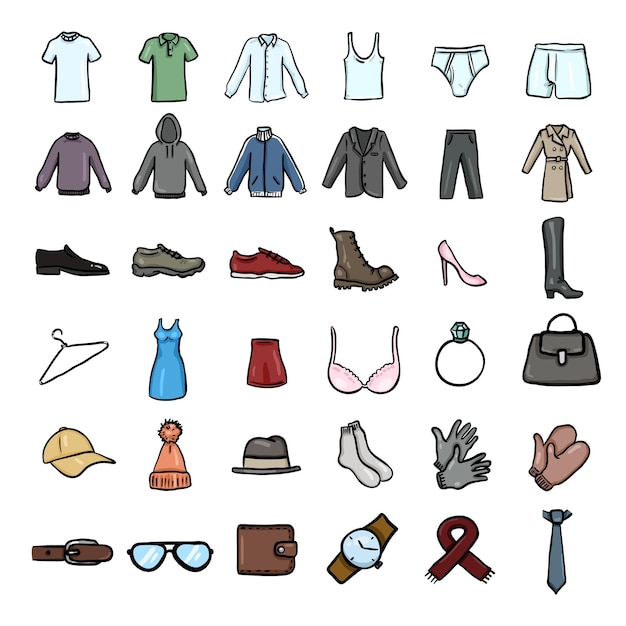 Vector Set of Color Doodle Clothes Icons