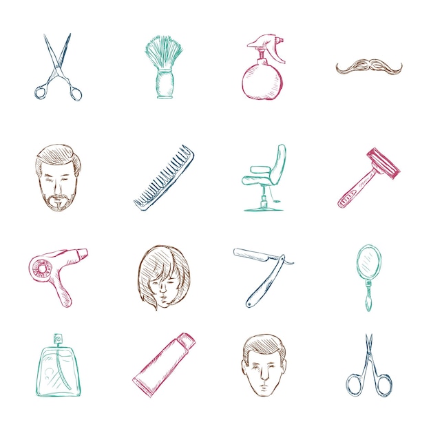 Vector vector set of color sketch barber shop icons