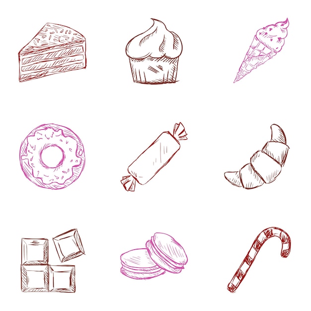 Vector vector set of color sketch dessert icons confection