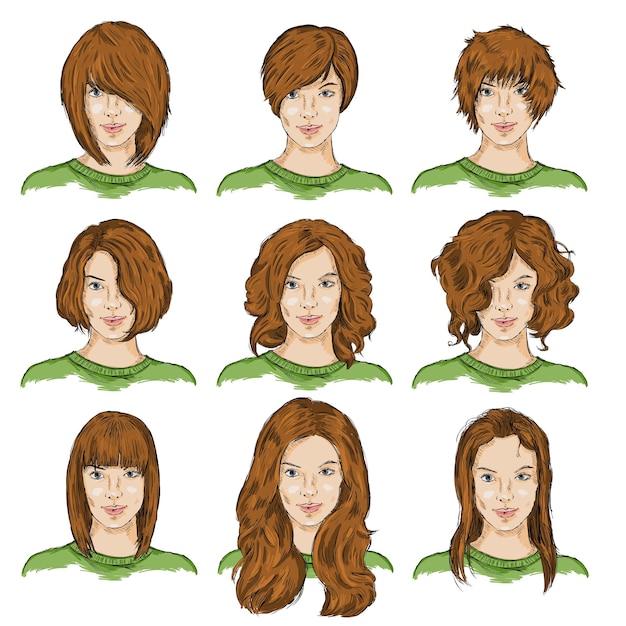 Vector Set of Color Sketch Female Faces