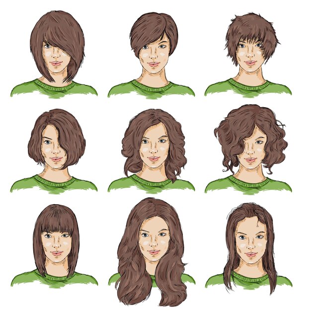 Vector vector set of color sketch female faces