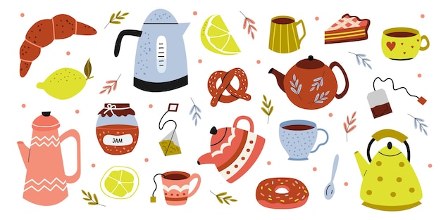 Vector set of color tea illustrations Teapot cup donut croissant kettle Cute collection