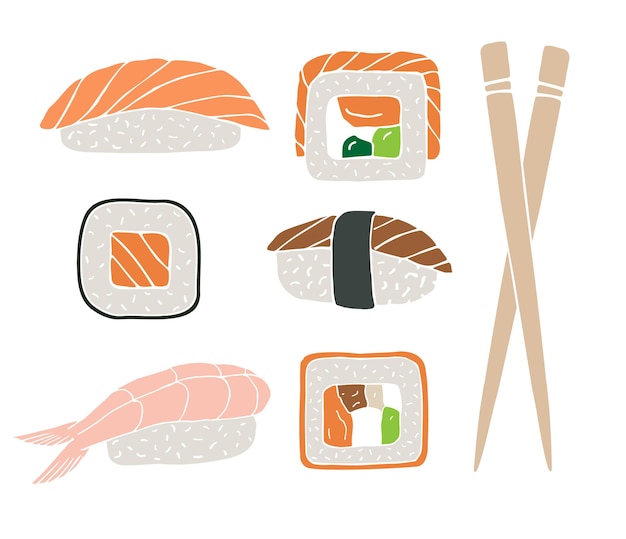 Vector set of colored hand drawn doodle sushi roll