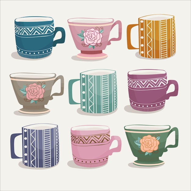 Vector vector set of colored hygge cups in hand-drawn style