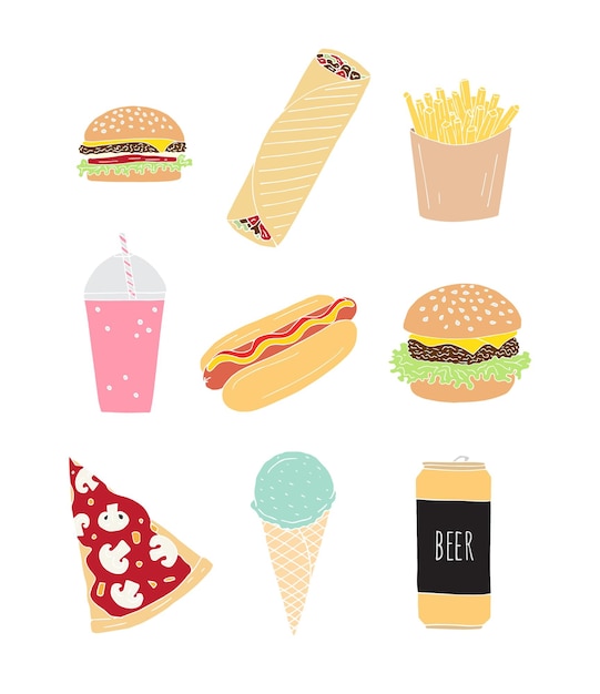 Vector set of colored sketch fast food